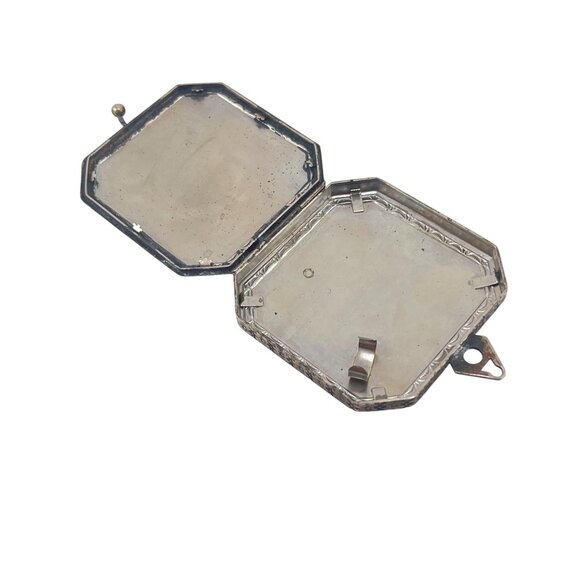Antique Deco Silver-Plated Double-Sided Square Powder Lipstick Compact Locket - Picture 9 of 11